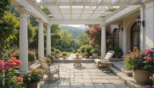Idyllic patio scene with lush gardens, comfortable seating, and a relaxing outdoor ambiance. A perfect spot for serenity.