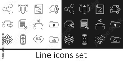 Set line Folder upload, Delete folder, Share file, Car sharing, and Aviation bombs icon. Vector