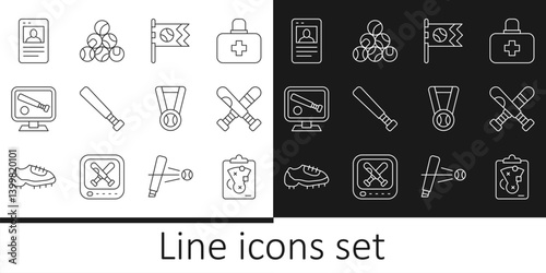 Set line Planning strategy, Crossed baseball bat, Flag with, Baseball, Monitor game, card, Medal and icon. Vector