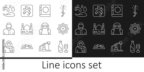 Set line Wine bottle with glass, Octagonal star, Holy book of Koran, Muslim Mosque, man, Wudhu, woman niqab and Speaker mute icon. Vector