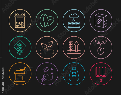 Set line Garden pitchfork, Sprout, Plant sprouts grow in the rain, Pack full of seeds of plant, Wheat and Coffee beans icon. Vector