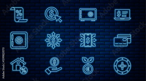 Set line Safe, Credit card, Dollar, share, network, Finance document, Smartphone with dollar and Coin money icon. Vector