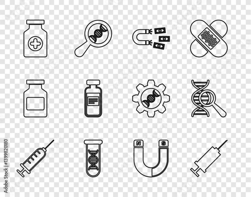Set line Syringe, Magnet with money, DNA research, search, Medicine bottle, Medical vial, ampoule, and icon. Vector