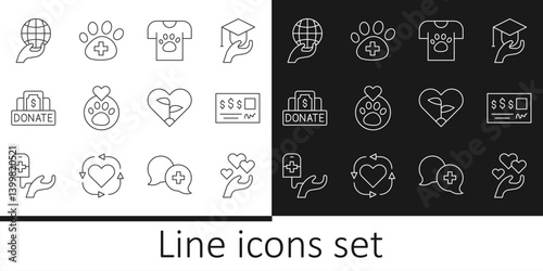 Set line Heart in hand, Bank check, Animal volunteer, with animals footprint, Donation charity, Hand holding Earth globe, Leaf heart and Veterinary clinic icon. Vector