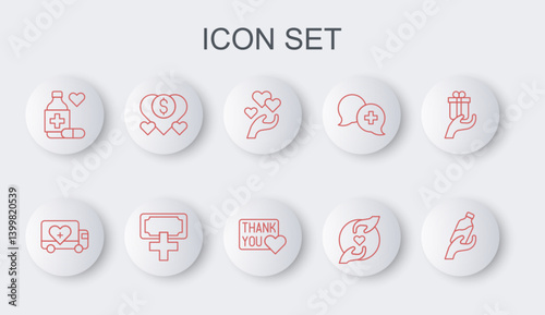 Set line Donation water, Humanitarian truck, Heart in hand, Pleasant relationship, Medicine bottle pills, charity, and Thank you with heart icon. Vector
