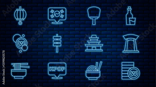Set line South Korean won coin, gate, hand fan, food tokpokki, lantern, temple and Location icon. Vector