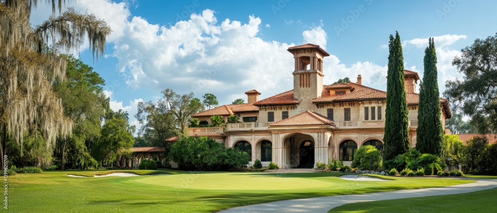 Fototapeta premium Scenic Estate with Lush Green Golf Course and Towering Trees Under a Bright Blue Sky on a Sunny Day