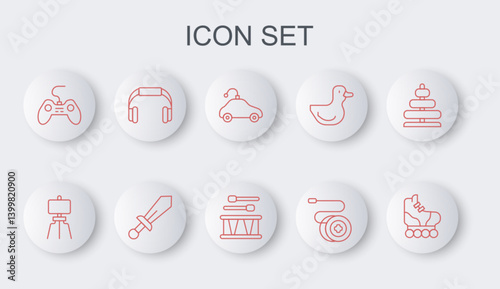 Set line Roller skate, Wood easel, Radio controlled car toy, Yoyo, Gamepad, Headphones, Sword and Drum with drum sticks icon. Vector