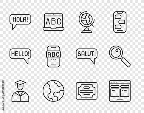Set line Graduate and graduation cap, Online translator, Earth globe, Hola different languages, Foreign online study, Certificate template and Magnifying glass icon. Vector