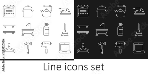 Set line Laptop, Handle broom, Kettle with handle, Bathtub, Empty wooden shelves, Oven, Antibacterial soap and Cooking pot icon. Vector
