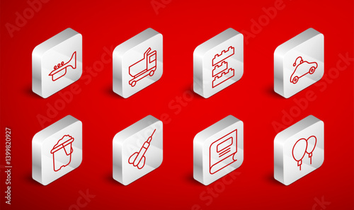 Set line Balloons, Toy truck, building block bricks, Radio controlled car toy, Book, Trumpet, Dart arrow and Sand bucket icon. Vector