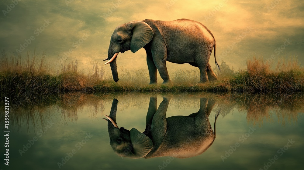 Fototapeta premium Majestic elephant walks along the serene water's edge at sunset