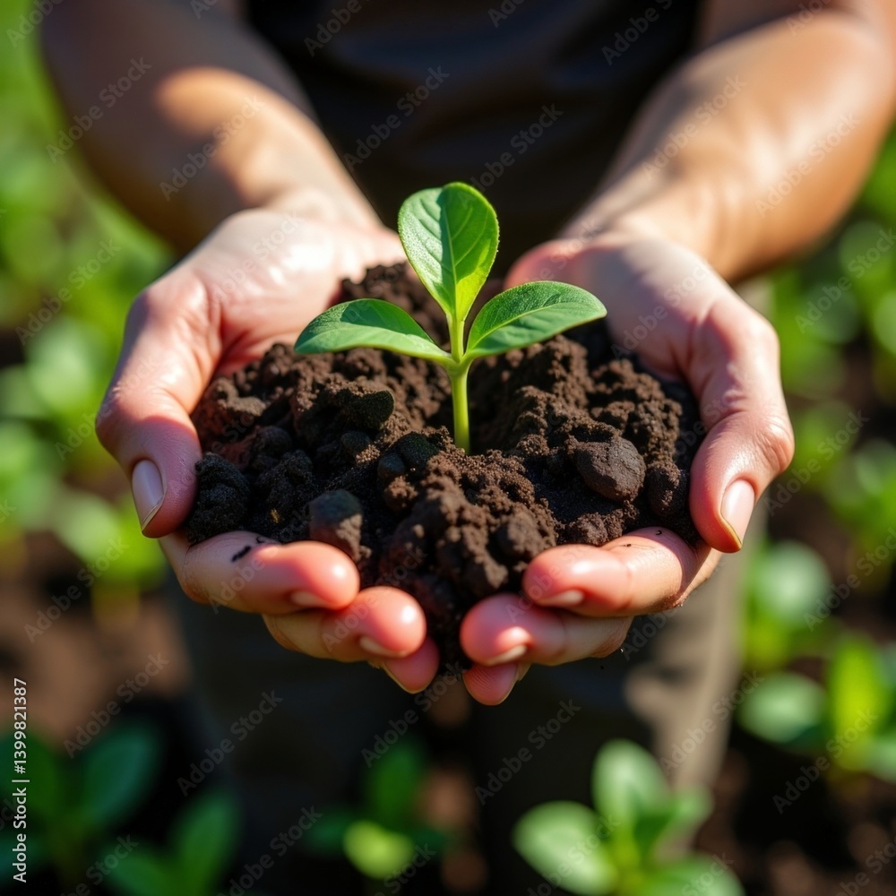 Close-up of Hands Holding Fresh Soil with a Green Seedling in a Farm Field Close-up of Hands Holding Fresh Soil with a Green Seedling in a Farm Field