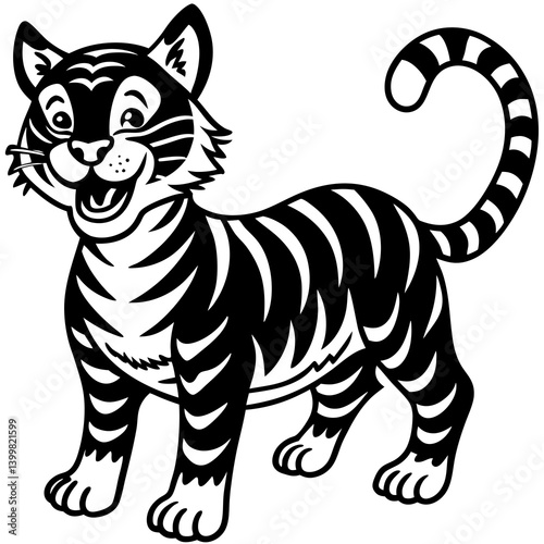 A black and white drawing of a happy tiger with a white tail