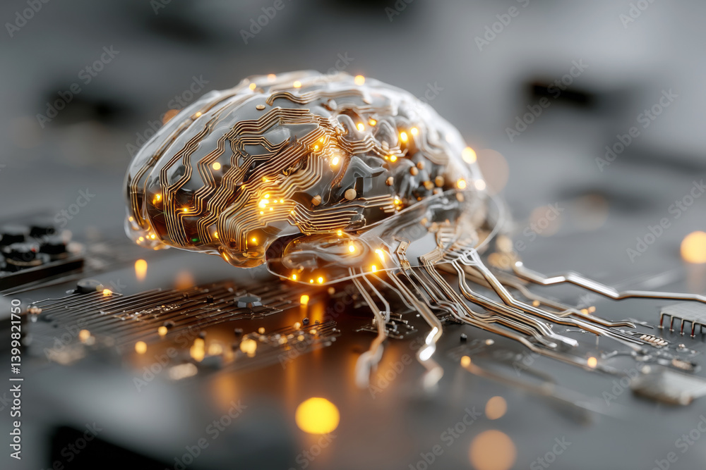 Futuristic AI brain made of circuits and lights connected to circuit board. Neural network concept with glowing connections