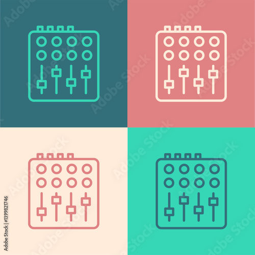 Pop art line Sound mixer controller icon isolated on color background. Dj equipment slider buttons. Mixing console. Vector