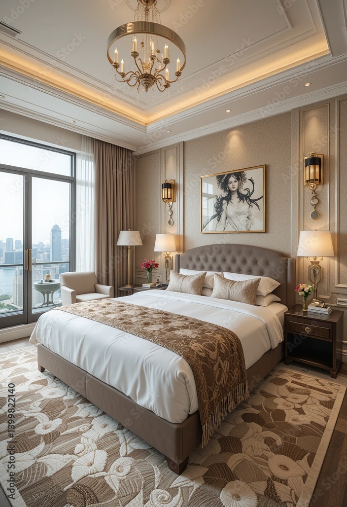 Fototapeta premium Elegant bedroom with stunning city view, blending comfort and style. A luxurious retreat designed for relaxation and sophistication.