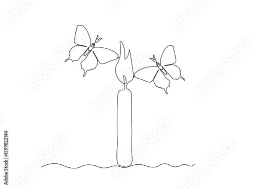 Two butterflies fly next to a candle flame, Dangerous love, continuous single one line art hand drawing sketch logo