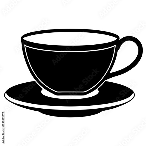 A vector silhouette of a tea cup with saucer on white background