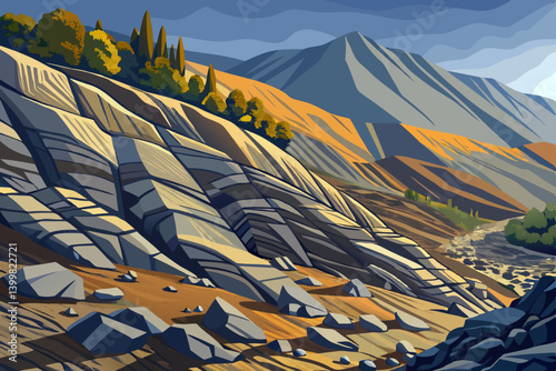 Dry rugged hillside covered in scattered shale and slate, The ground is gray and brown, with sharp edges catching sunlight and casting long saturated shadows
