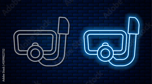 Glowing neon line Diving mask with snorkel icon isolated on brick wall background. Extreme sport. Diving underwater equipment. Vector