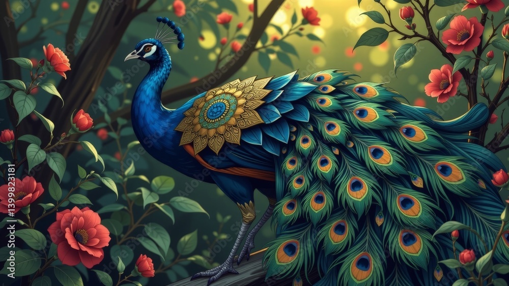 Fototapeta premium Exquisite Blue Peacock Displaying Colorful Feathers Among Vibrant Floral Garden