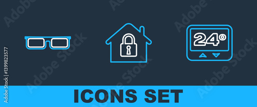 Set line Thermostat, Glasses and House under protection icon. Vector