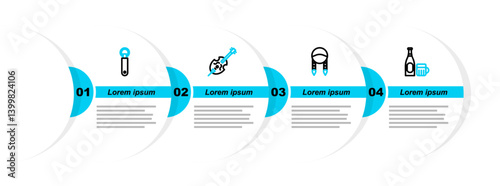 Set line Beer bottle and glass, Braid, Violin and Bottle opener icon. Vector