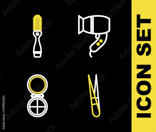 Set line Hair dryer, Eyebrow tweezers, Makeup powder with mirror and Hairbrush icon. Vector