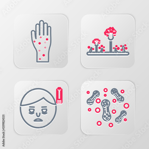 Set line Bacteria, Fatigue, Mold and Hand with psoriasis or eczema icon. Vector