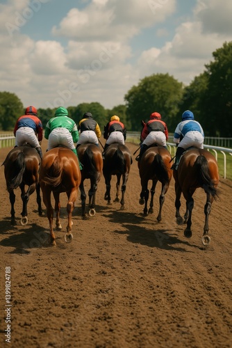 Obraz na płótnie Rear view of galloping horses and colorful jockeys speeding down dirt surrounded by trees and clouds. Kentucky Derby, horse race, competition event, sport w salonie
