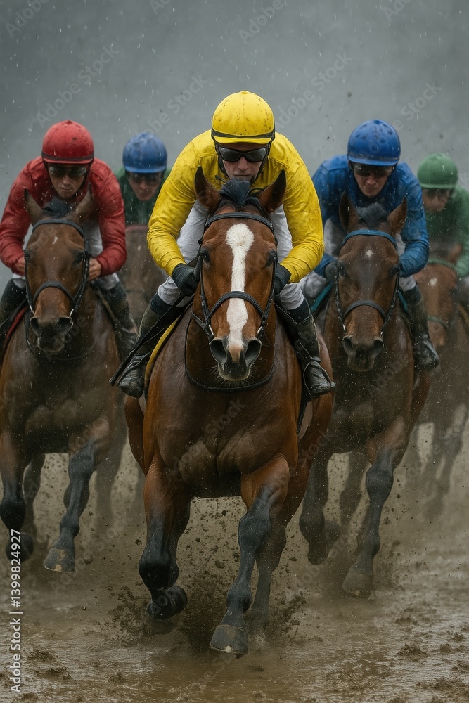 Focused jockeys in colorful uniforms on horses racing through the muddy track, competing for the victory. Kentucky Derby, horse race, competition event, sport