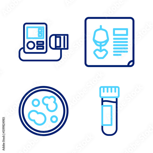 Set line Test tube with blood, Petri dish bacteria, X-ray shots and Blood pressure icon. Vector