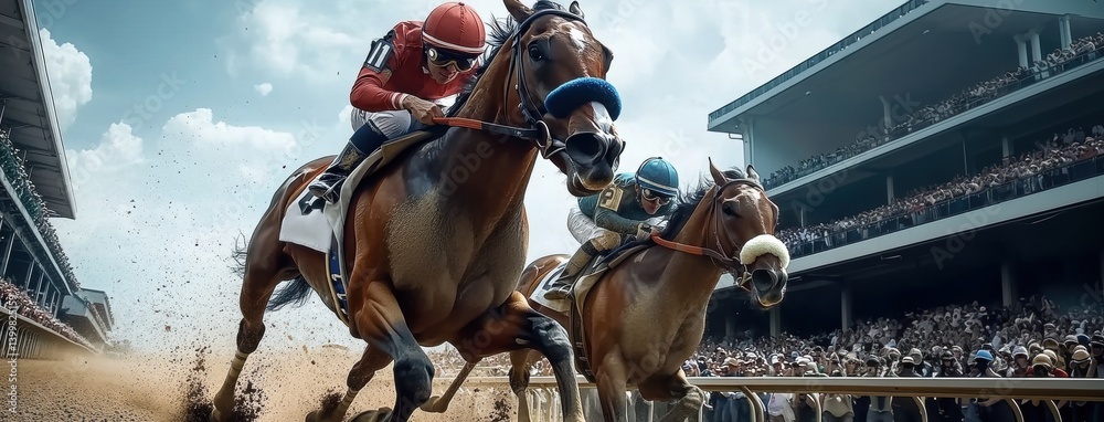 Low angle view of two horses and their jockeys fiercely competing neck-and-neck on the dirt track, with a packed grandstand visible behind them. Kentucky Derby competition Low angle view of two horses and their jockeys fiercely competing neck-and-neck on the dirt track, with a packed grandstand visible behind them. Kentucky Derby competition
