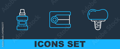 Set line Dental implant, Mouthwash bottle and Dentures model icon. Vector