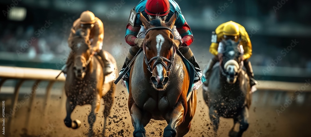 Jockeys guide their Thoroughbred horses forward on dirt racetrack, during competitive horse race. Kentucky Derby event, horse race, sport