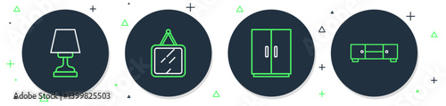 Set line Mirror, Wardrobe, Table lamp and Chest of drawers icon. Vector