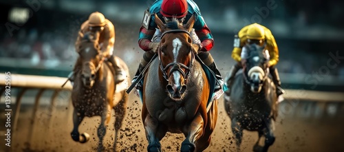 Obraz na płótnie Jockeys guide their Thoroughbred horses forward on dirt racetrack, during competitive horse race. Kentucky Derby event, horse race, sport w salonie