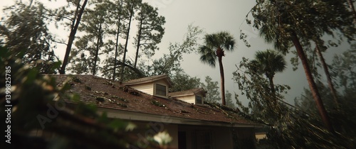 Post-hurricane destruction: two-story house with shattered roof tiles, collapsed palm tree crushing the structure, uprooted trees and debris scattered in muddy surroundings