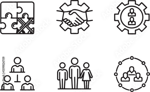 Set of 6 outline icons related to collaboration. Linear icon collection teamwork, support, help and some. Editable stroke line art. Vector illustration.