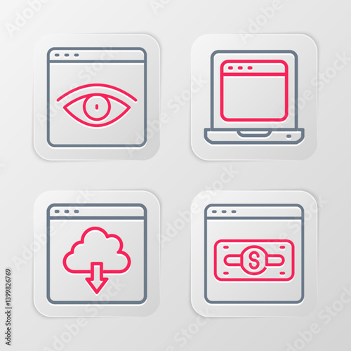 Set line Online shopping on screen, Cloud download, Laptop with browser window and Browser incognito icon. Vector