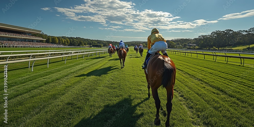 Back view of group of jockeys and horses training on vibrant green grass track bordered by grandstand and trees under bright, partly cloudy sky.