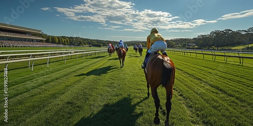 Obraz na płótnie Back view of group of jockeys and horses training on vibrant green grass track bordered by grandstand and trees under bright, partly cloudy sky. w salonie