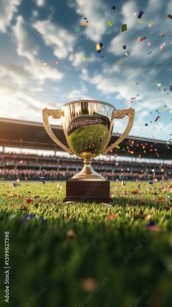 Gleaming golden trophy on grassy field with falling confetti and crowded stadium grandstands visible in the background under a partly cloudy sky.