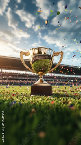 Obraz na płótnie Gleaming golden trophy on grassy field with falling confetti and crowded stadium grandstands visible in the background under a partly cloudy sky. w salonie