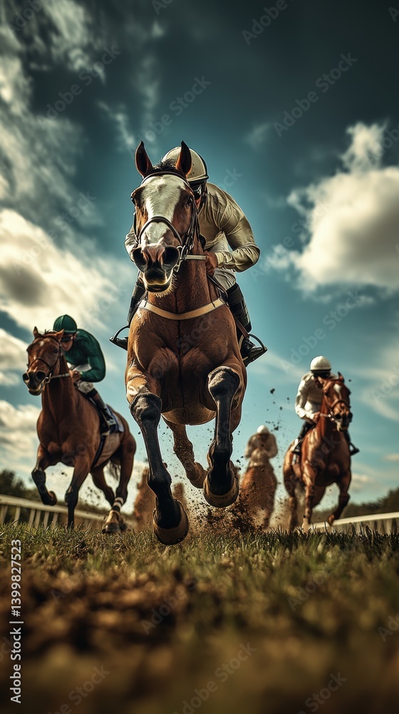 Jockey riding horse forward at full speed on bright green grass track, leading other competitors past a large, packed grandstand under a sunny sky.