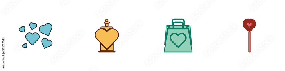Set Heart, Bottle with love potion, Shopping bag heart and Lollipop icon. Vector Set Heart, Bottle with love potion, Shopping bag heart and Lollipop icon. Vector