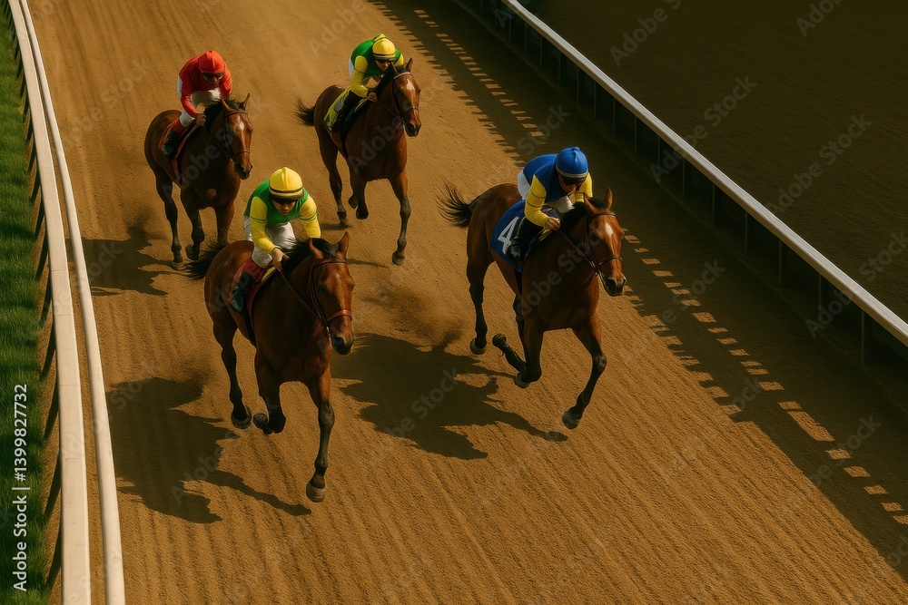 Four determined jockeys in colorful silks race toward finish line, competing for the victory with fierce energy on racetrack with green field aside. Kentucky Derby event, horse race, sport