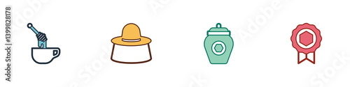 Set Honey dipper stick with honey, Beekeeper protect hat, Jar of and medal icon. Vector