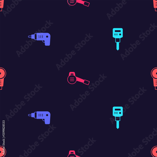 Set Construction jackhammer, Electric cordless screwdriver, Leaf garden blower and Angle grinder on seamless pattern. Vector